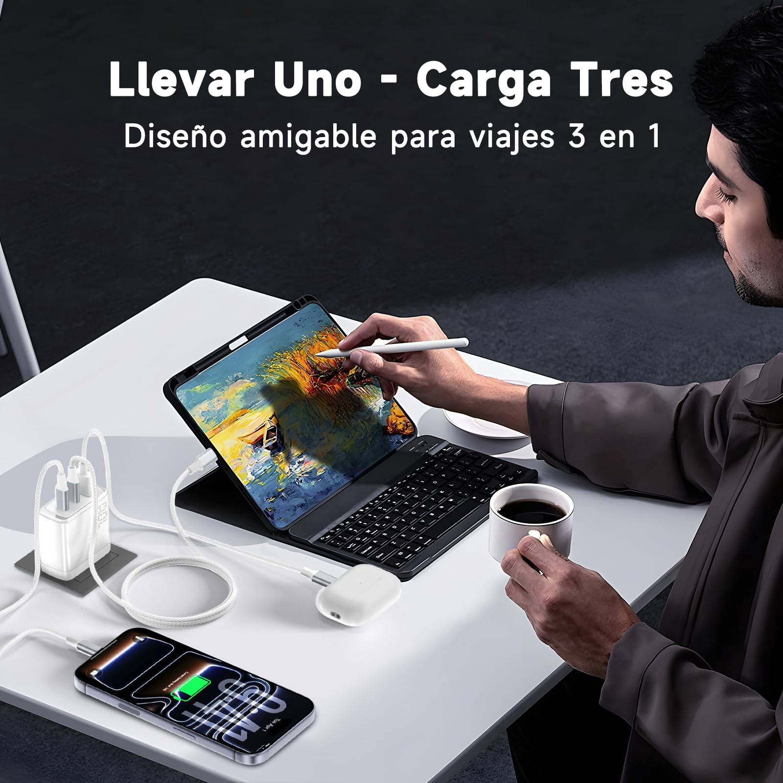 Cargador USB C 70W, Carga Ultra Rápida 3 Puertos PD3.0 PPS GAN II | con Cable Trenzado 2M, Compatible para MacBook Pro/Air, para iPhone 17/16/15, para Galaxy S26/25,para iPad, Pixel