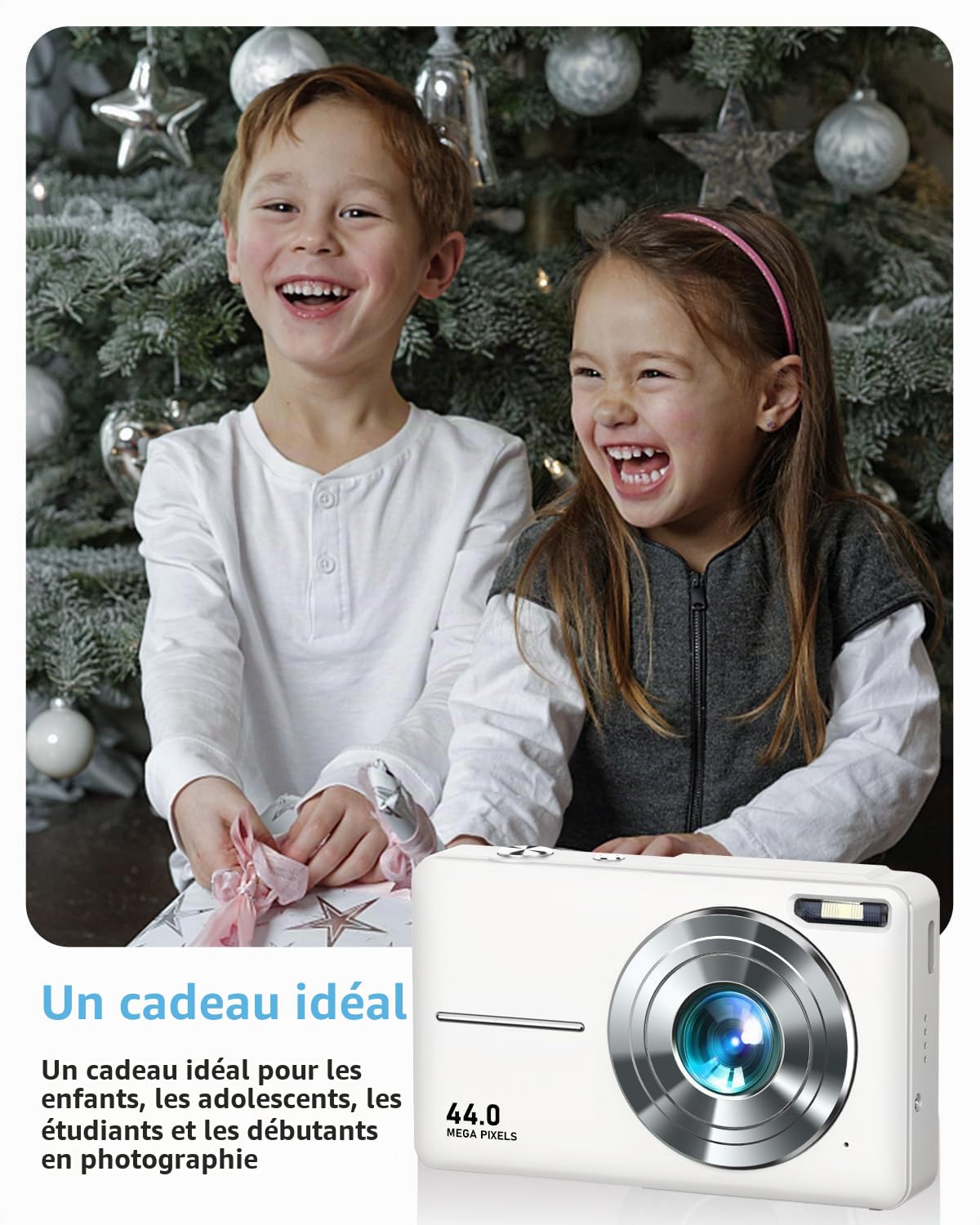 Appareil Photo Numérique, FHD 1080P Autofocus 44MP Appareil Photo Enfant avec Carte 32GB, Zoom 16X, Anti-Shake, ​​2 Batteries, Appareil Photo Compact pour Enfants Adultes ​​Débutants​ (Blanc)