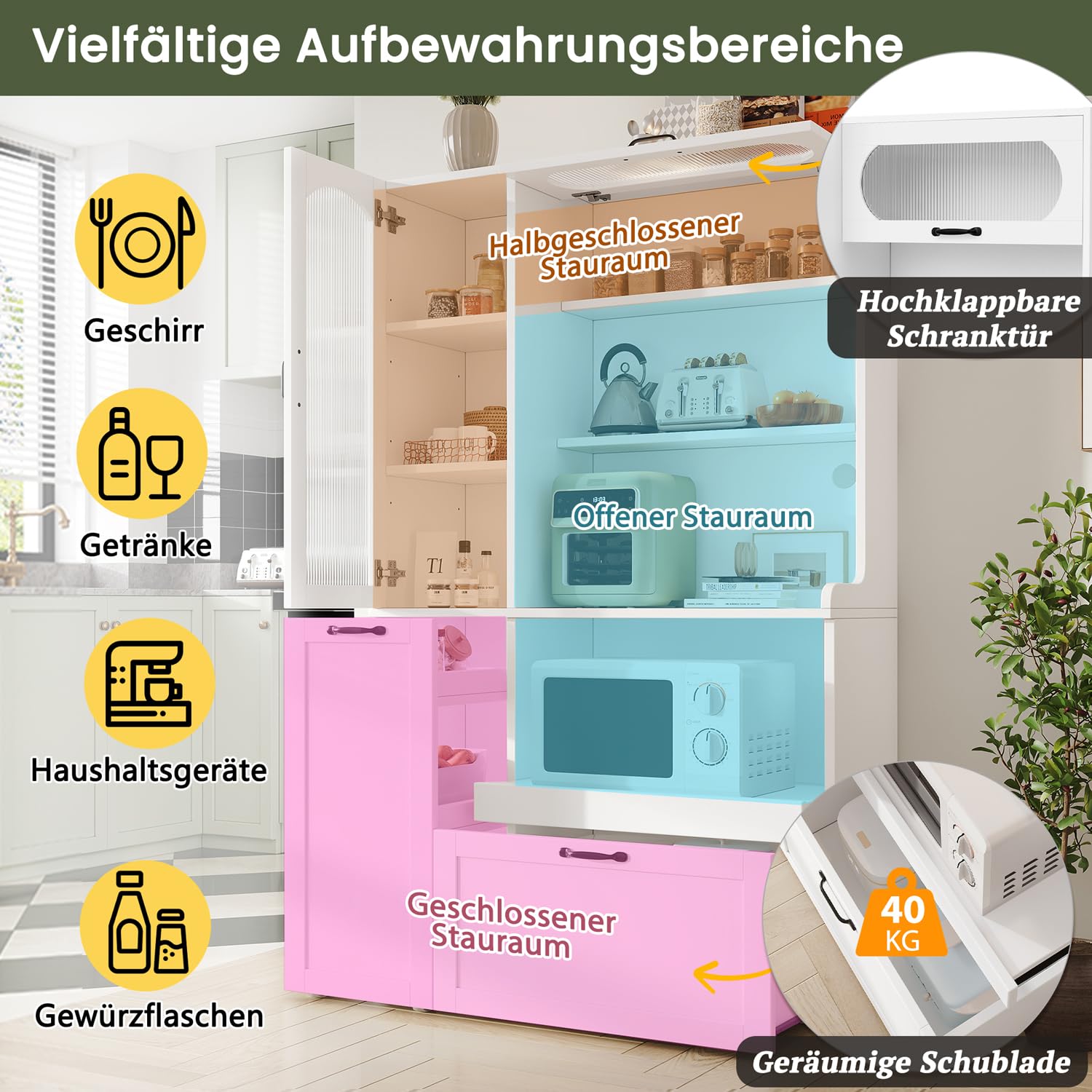 Szafka kuchenna Highboard biała z szufladami i szklanymi drzwiami 98 x 40 x
