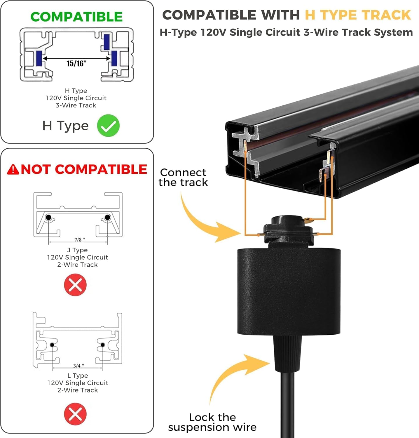 H Type 3-Wire Track Lighting Adapter for Track Lights, Pendants, 120V 6PCS Black Connectors for H Style Single Circuit Systems