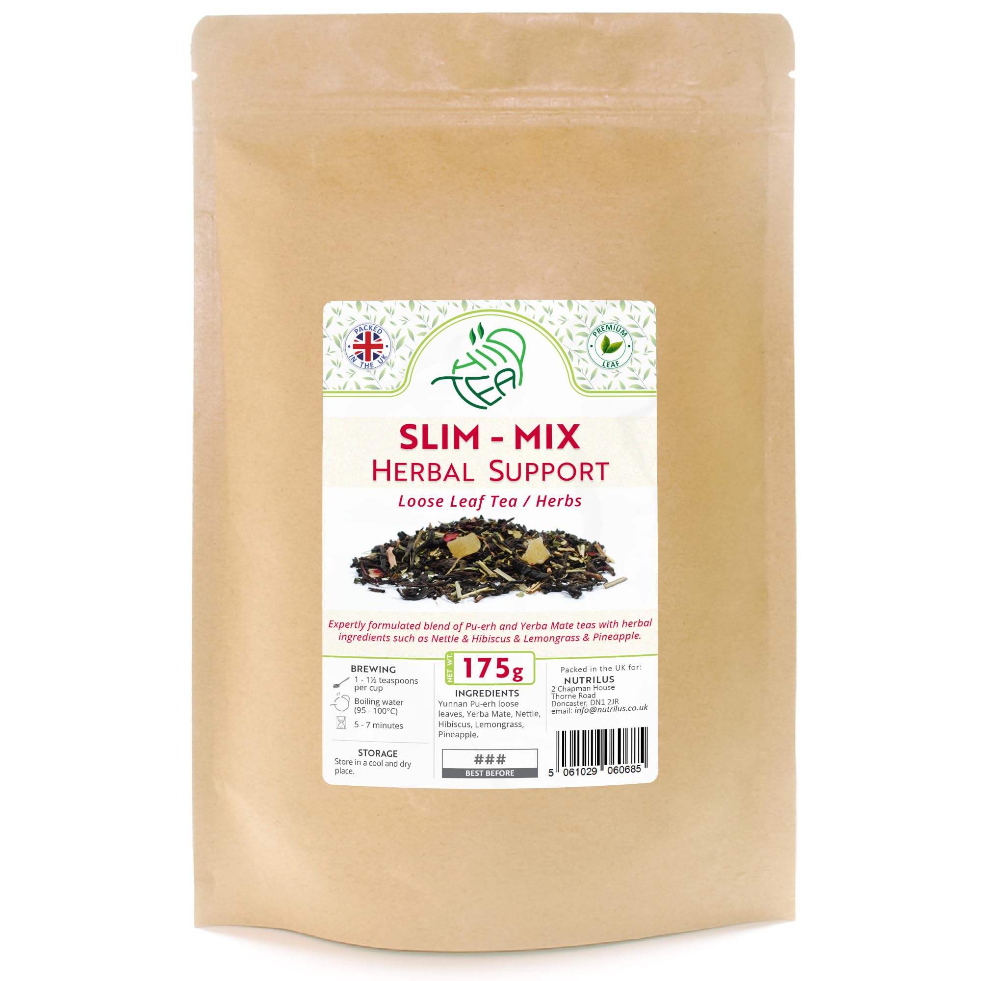 Slim-Mix Herbal Support Loose Leaf Tea – Pu-Erh & Yerba Mate With Herbs – Digestion & Metabolism & Diet Support & Weight Management (175g)