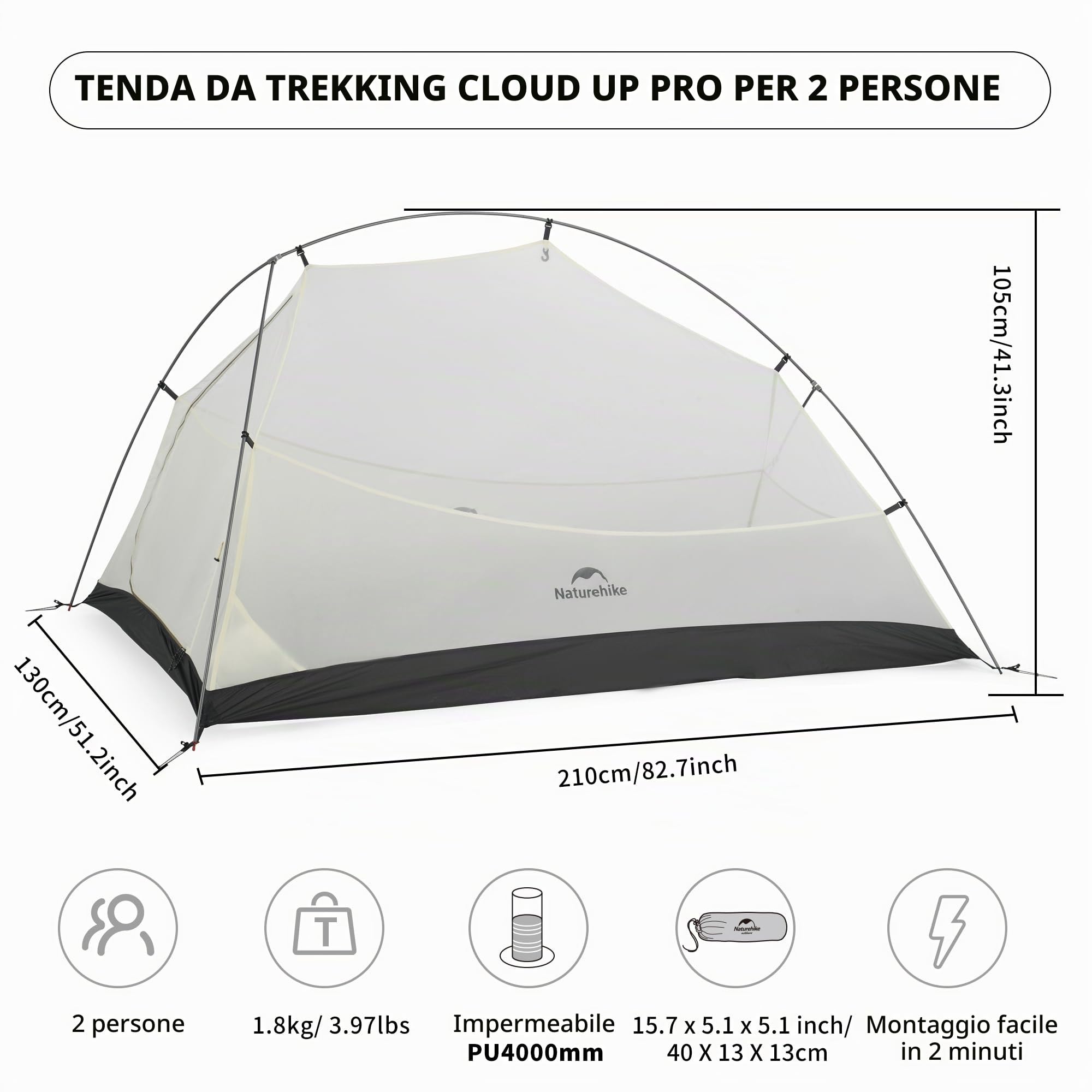 Naturehike Cloud Up Pro - Tenda da campeggio leggera per 2 persone, facile da montare, antivento e impermeabile, per attività all'aperto, viaggi, trekking (cachi/senza fluoro)