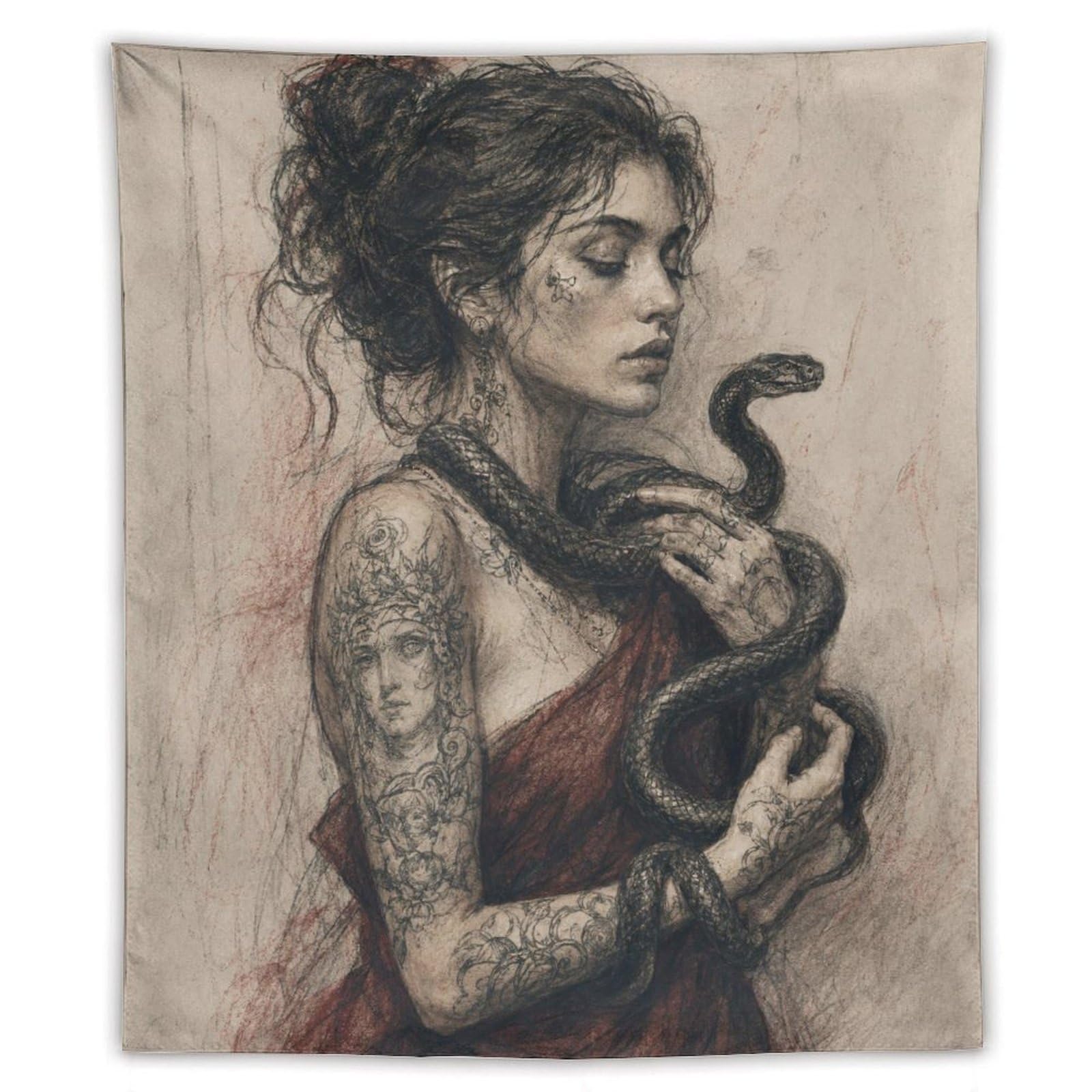W7C8U2X3 Snake Woman Portrait Wall Tapestry, Realistic Illustration
