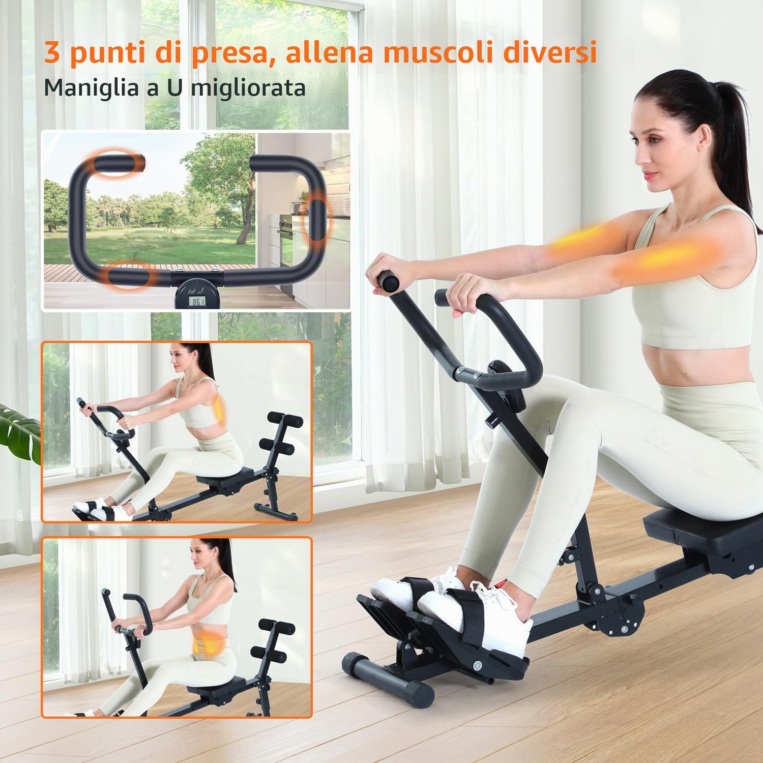 vogatore per casa, sportneer idraulico, pieghevole, con 12 livelli di resistenza, attrezzo fitness per casa, allenamento addominale con impugnatura a U e schienale, portata fino a 135 kg