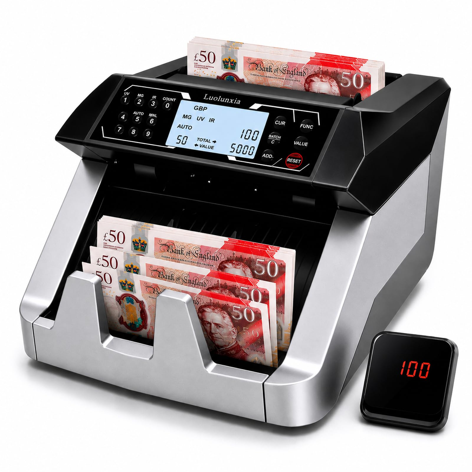 Multi-Currency Money Counter, GBP EUR USD Banknote Counter with UV &MG Detection, LCD & External Display,Add & Batch Modes,Cash Countter for Shops，Offices and Businesses
