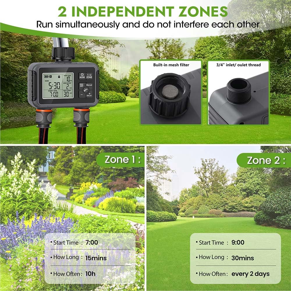 Centralina Irrigazione 2 Zone,Timer Irrigazione,Avere IPX5 Funzione Impermeabile con Programmatore Irrigazione Giardino,Timer Irrigazione Automatica Digitale,Per Prato, Giardino, Piscina