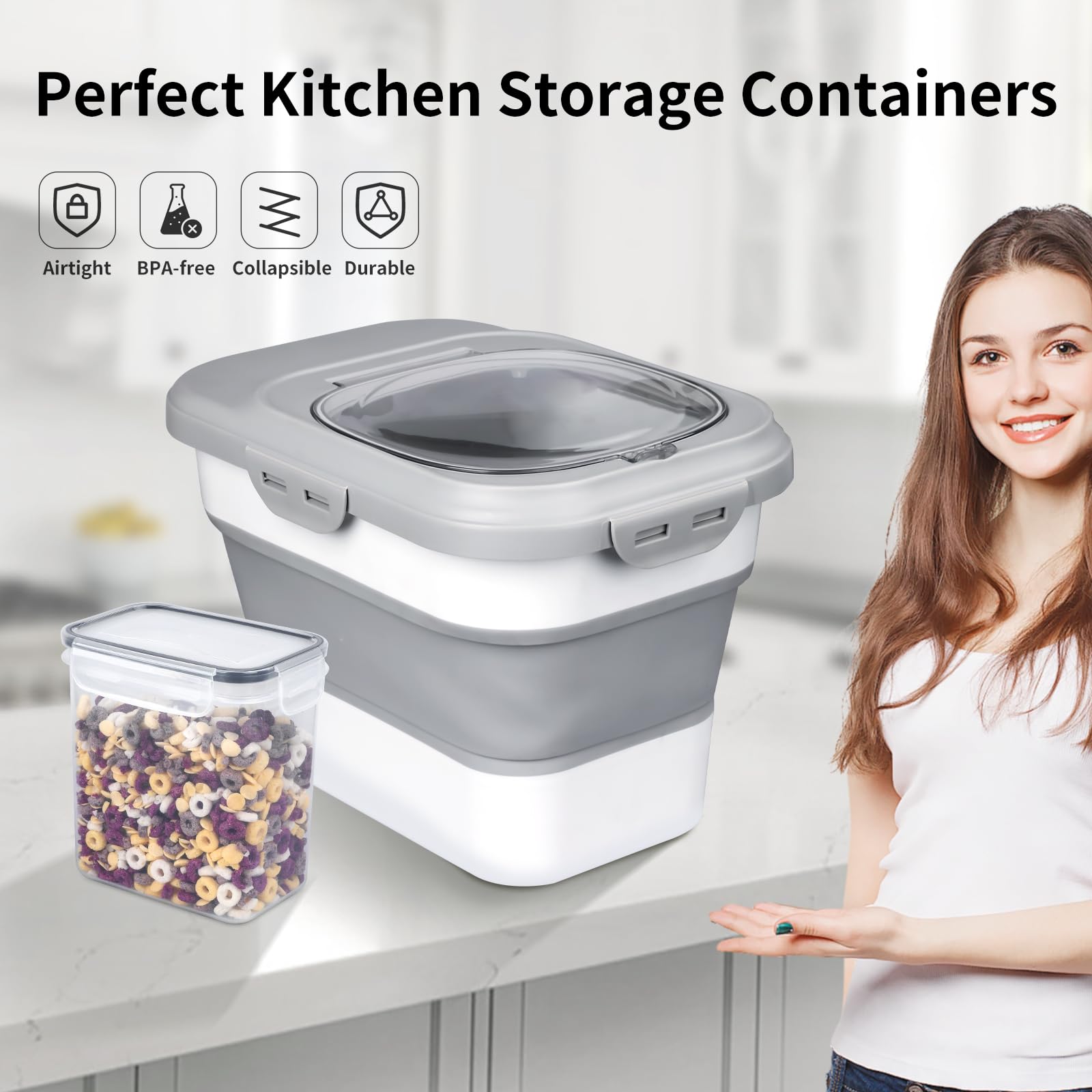 Komzon Contenitore per riso, contenitore ermetico pieghevole per alimenti, 2,7-9,1 kg, dispenser per riso con misurino e piccolo cestino per farina, cereali, pasta, cereali, gatti, animali domestici