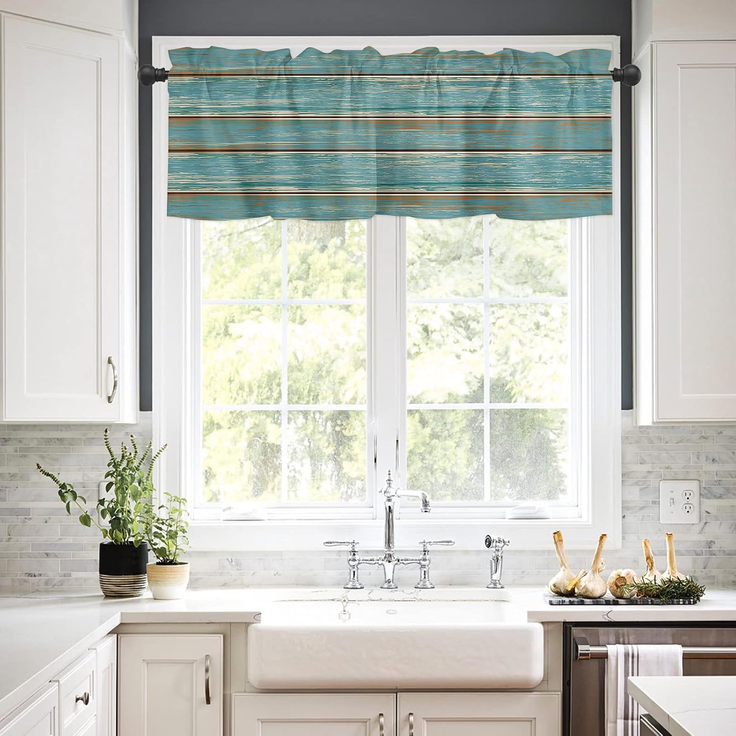 Kitchen Curtains Set, Rustic Teal Aqua Green Wood Kitchen Curtains and Valances Set, Vintage Wooden Board Rod Pocket Tier Curtains 24 Inch Length for Cafe/Bedroom Windows