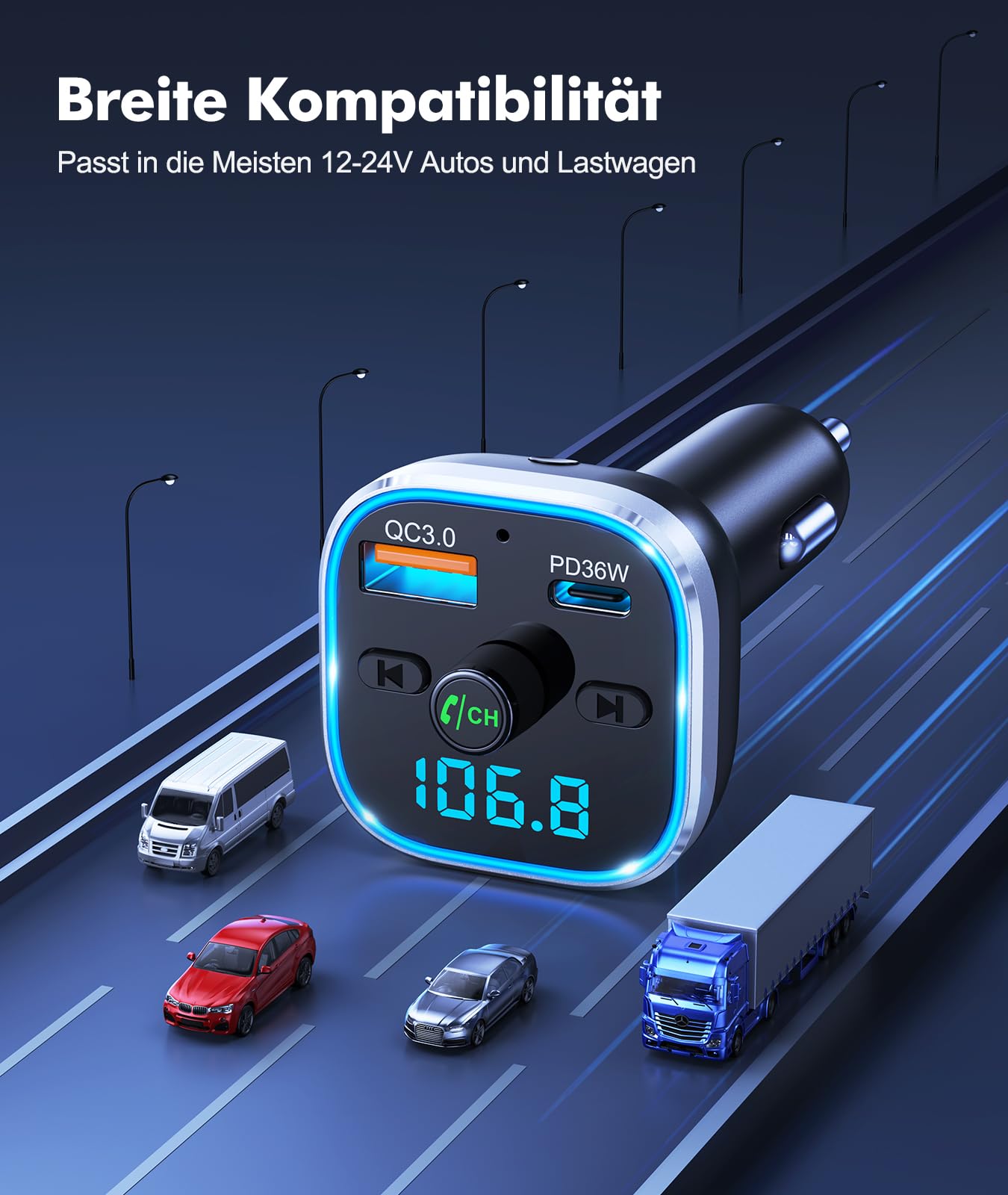 Mohard Bluetooth Adapter Auto, 54W [PD & QC 3.0] Schnellladung FM Transmitter Auto Bluetooth 5.3, Freisprechanlage, 7 Farbige LED-Atmosphärenlichter, Bloototh Transmitter Autoladegerät Bedienelemente