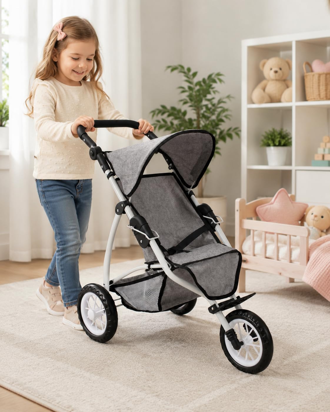 Bayer Chic 2000 Puppenwagen Leon | Jogging Buggy | Jeans Grau | Sportlicher Puppenjogger für Kinder von 4 bis 8 Jahren. Mit großem Sonnendach, höhenverstellbarem Griff & viel Stauraum.