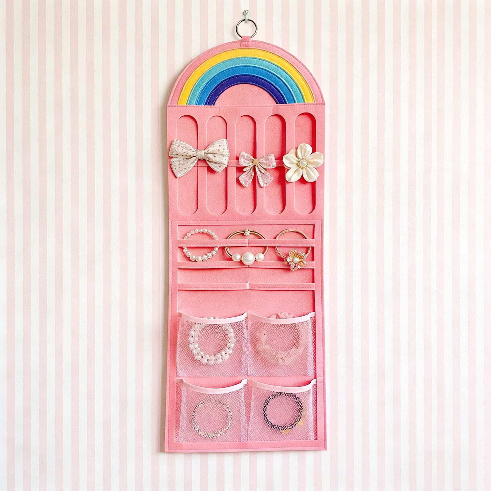Organizer per fiocchi per capelli, borse da parete con tasca in rete, supporto per fiocchi per ragazze, decorazione per la stanza per figlie, bambini, fasce per capelli, gioielli, scrunchies, occhiali
