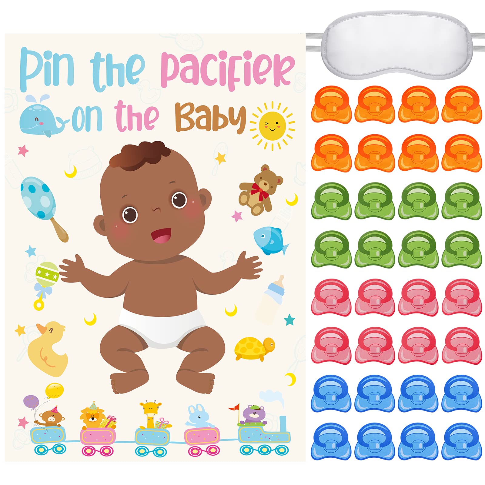 Yinder Pin the Pacifier on Baby Game African American Baby Shower Games with 36 Pcs Baby Pacifier Sticker and Blindfold Birthday Boy Pin for Baby Shower Birthday Party Supplies Game Activities