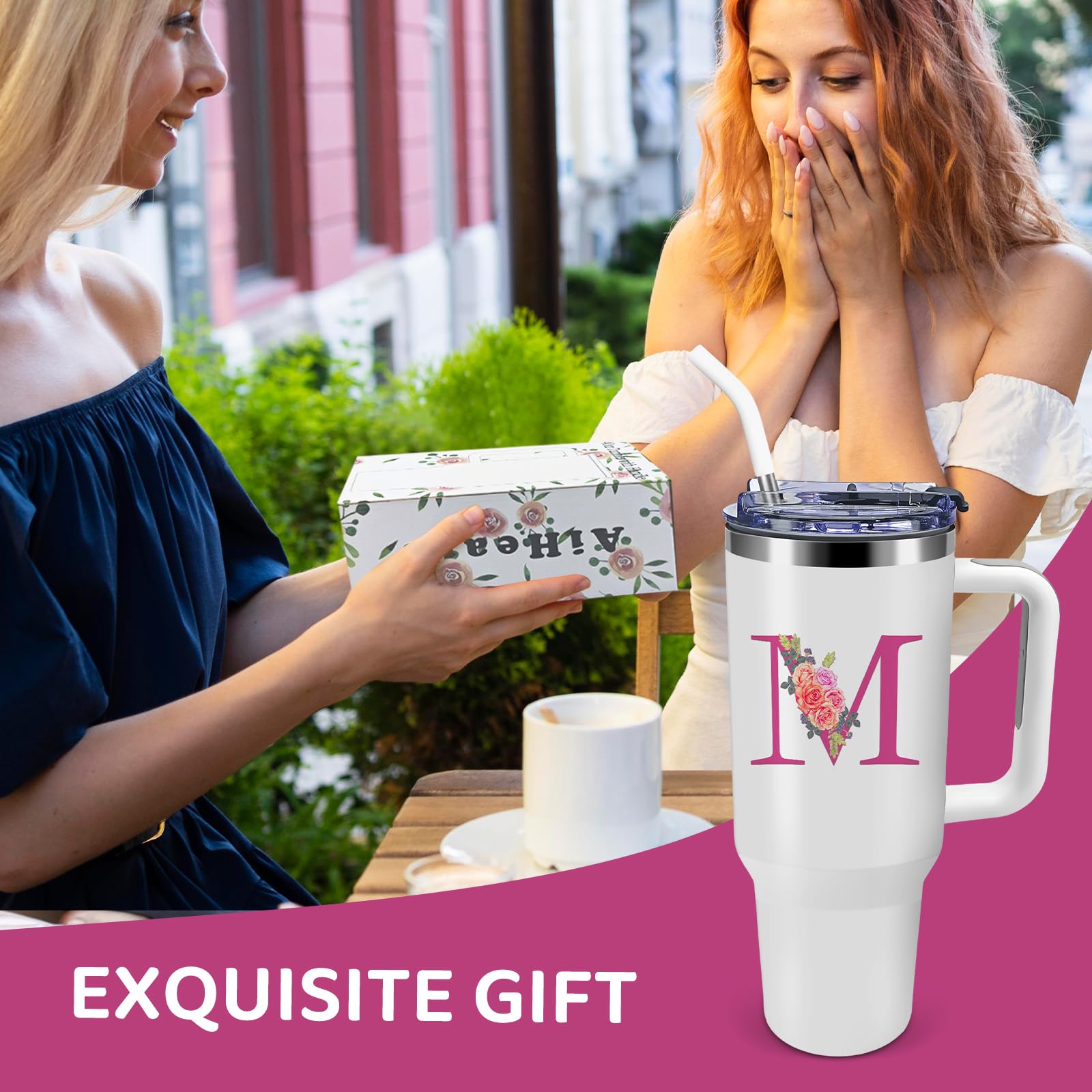 Monogrammed Gifts for Women,Initial Tumbler with Lid,Personalized Gifts,Birthday Gift for Women,Travel Cup,Coffee Tumbler,Cute Tumbler with Straws,for Christmas-M