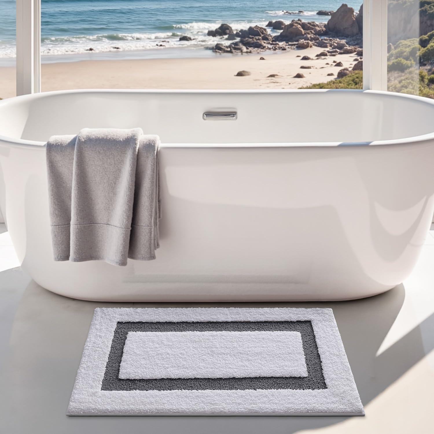 LUMI Bathroom Rug, 16x24 Non Slip Washable Bath Mat Absorbent Soft Bathmat, Fluffy Microfiber Bathroom Rugs for Floor, Shower Tub, Entryway, White and Grey
