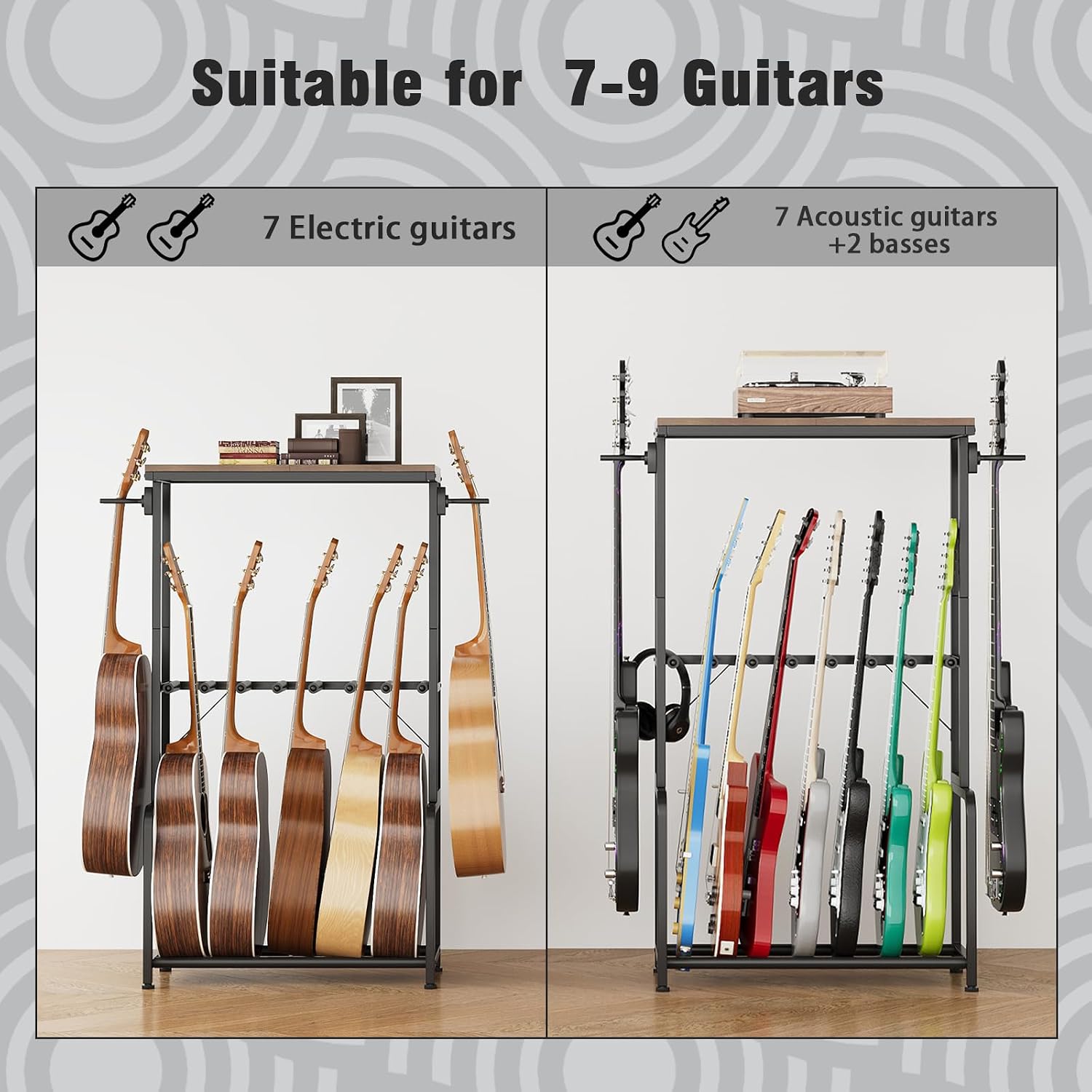 Espelism Guitar Stand for Multiple Guitars, 26" L x 12" W x 47" H Guitar Rack for Acoustic & Electric Guitars, Bass & Ukulele, Rustic Wood Top Floor Stand with Foam-Padded Metal Frame