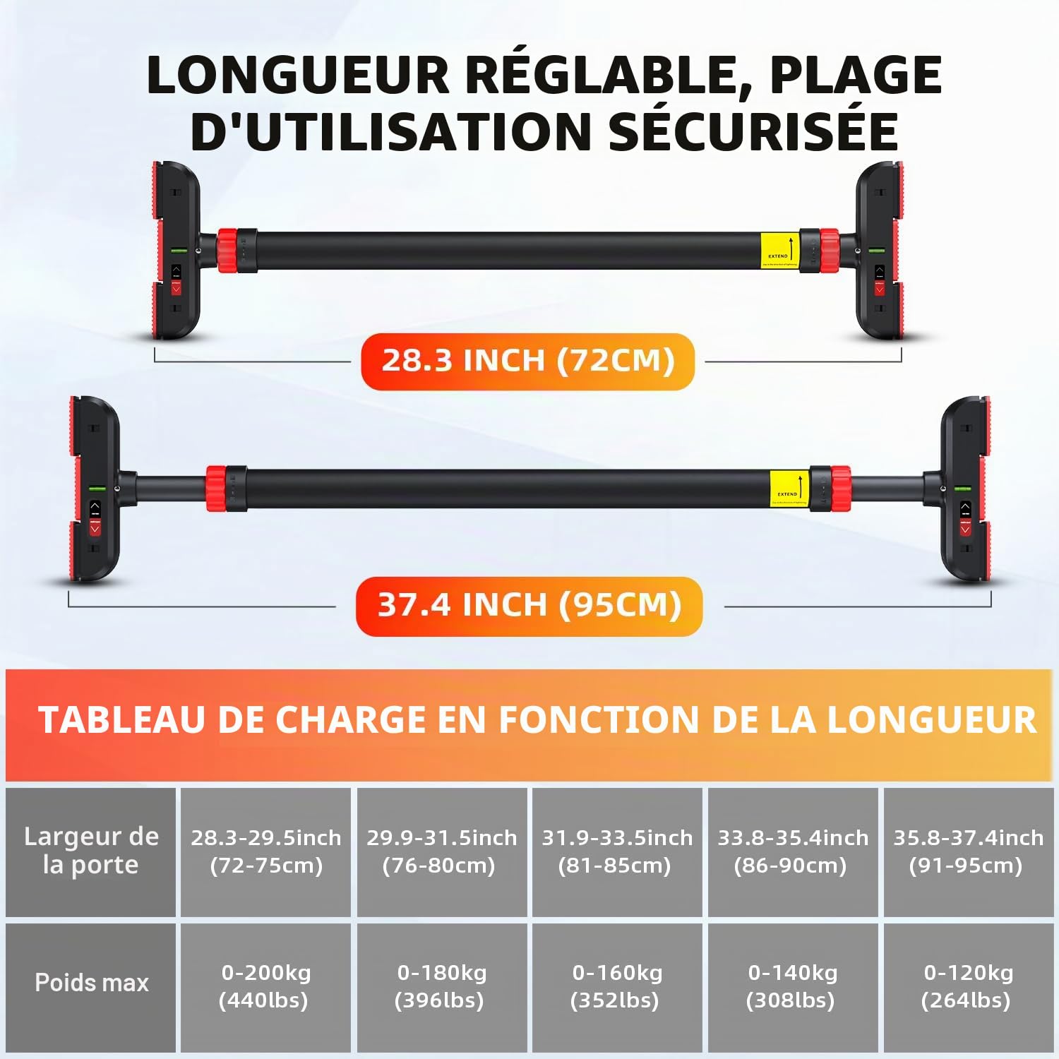 Barre de Traction réglable (72-120 cm), Barre de Tractions Porte, Barre de Traction sans Fixation Installation sans Vis, Chargeable Jusqu'à maximum 200 kg, Pour le Fitness à la Maison