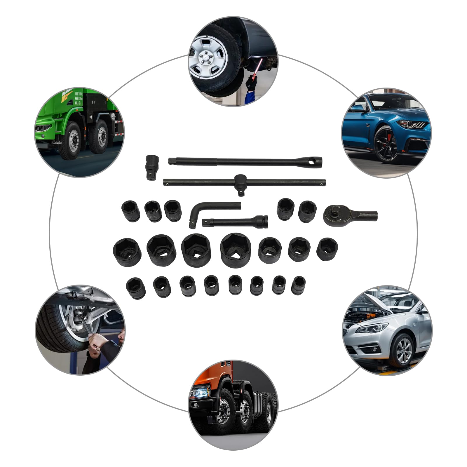 Douilles à Chocs Jeu Douille Impact Coffret Douilles Mécaniques 26 Pièces Acier Carbone 45 Phosphaté Noir 6 Points Clé Cliquet 72 Dents Mallette Rangement Sécurisé Garage Auto Camion Mécanique