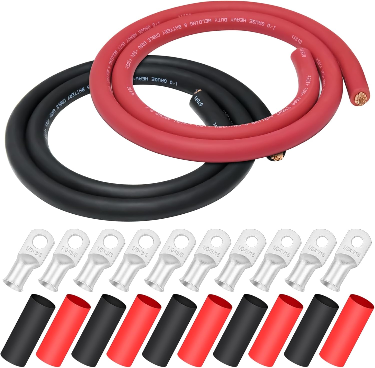 1/0 Gauge Welding Cable,iGreely 1/0 AWG Pure Copper Battery Welding Wires for Auto Solar Generator,5pcs of 5/16" & 5pcs 3/8" Copper Lug Terminal Connector with Heat Shrink Tubing 5Ft Black+5Ft Red