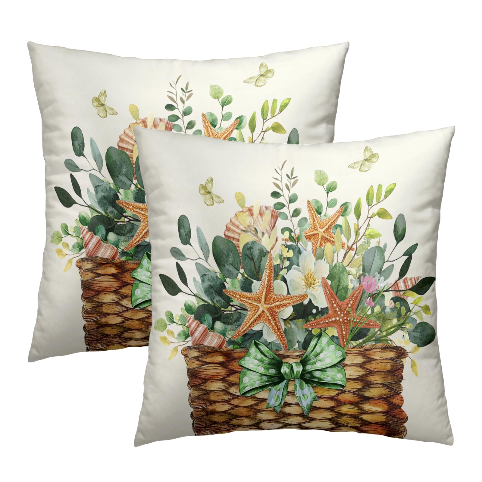 Giwawa Eucalyptus Throw Pillow Covers Set of 2 18x18 Inch Green Leaves Basket Starfish Summer Beach Soft Cotton Square Cushion Pillowcase for Bedroom Living Room Couch Sofa Home Decor
