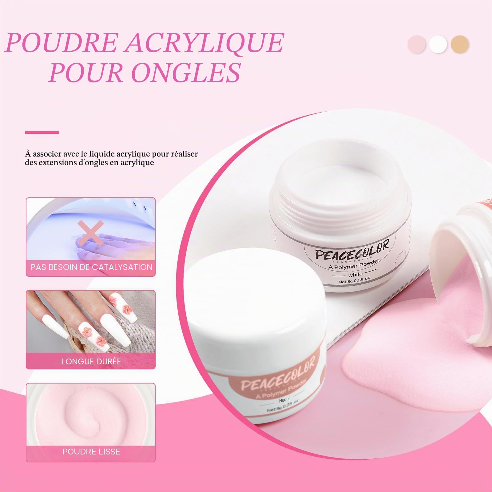 PEACECOLOR Kit de démarrage complet pour ongles en acrylique - Lampe UV/LED - 27 couleurs - Poudre acrylique pour ongles avec liquide monomère de 30 ml - Kit de démarrage à faire soi-même