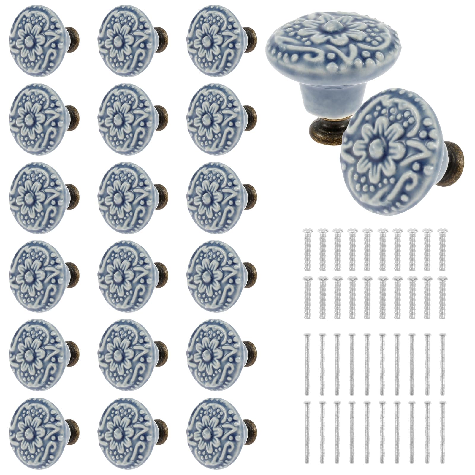 YUNYOUC 20Pcs Ceramic Drawer Knobs, Vintage Flower Cabinet Pulls, Retro Dresser Decorative Flower Handles with Mounting Screws for Cabinets Drawer Cupboard Wardrobe, Diameter 1.4 inch(Blue)