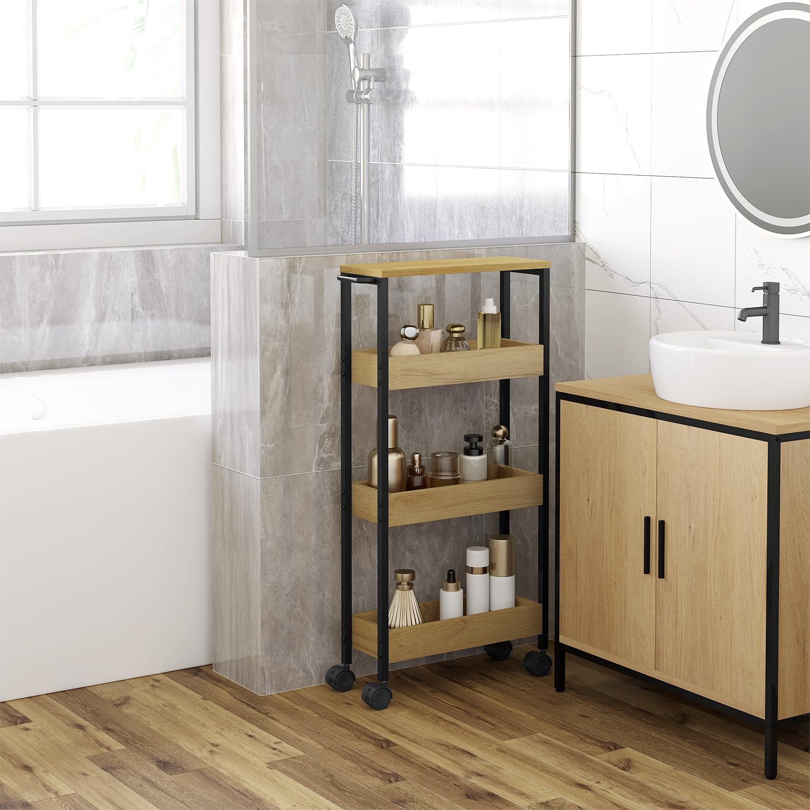 EUGAD Estanteria de Baño de 4 Niveles, Carrito con Ruedas para Baño, Carro de Almacenamiento de Baño, Carrito Estrecho con 2 Frenos, Armazón Metálico, 40x15x82 cm, Ngero+Roble Calro