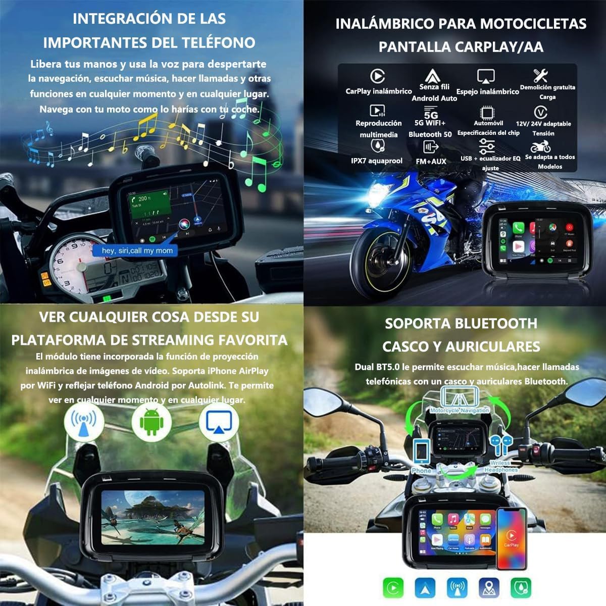 Navigatore Moto IPX7 Impermeabile 5" Touch Screen HD Carplay Wireless Android Auto Supporto