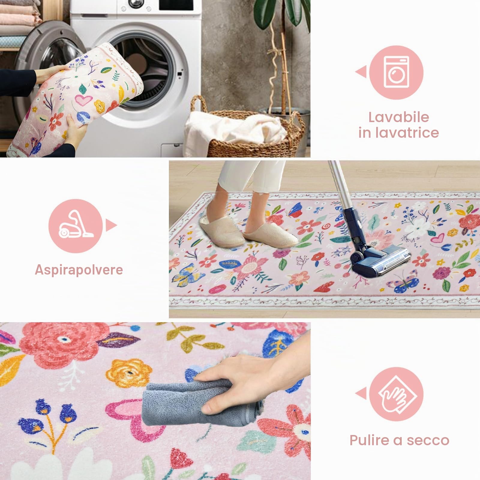 Avezano Tappeto runner per corridoio, antiscivolo, 60 x 182 cm, lavabile in lavatrice, per cucina, lavanderia, zona floreale, per corridoio, ingresso, cucina, lavanderia (rosa)