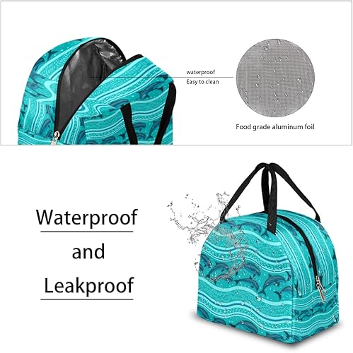 Miniatura 4 de Bolsa de almuerzo con diseño de delfín de olas turquesas aisladas para hombres y mujeres, bolsa de almuerzo a prueba de fugas, bolsa de preparación