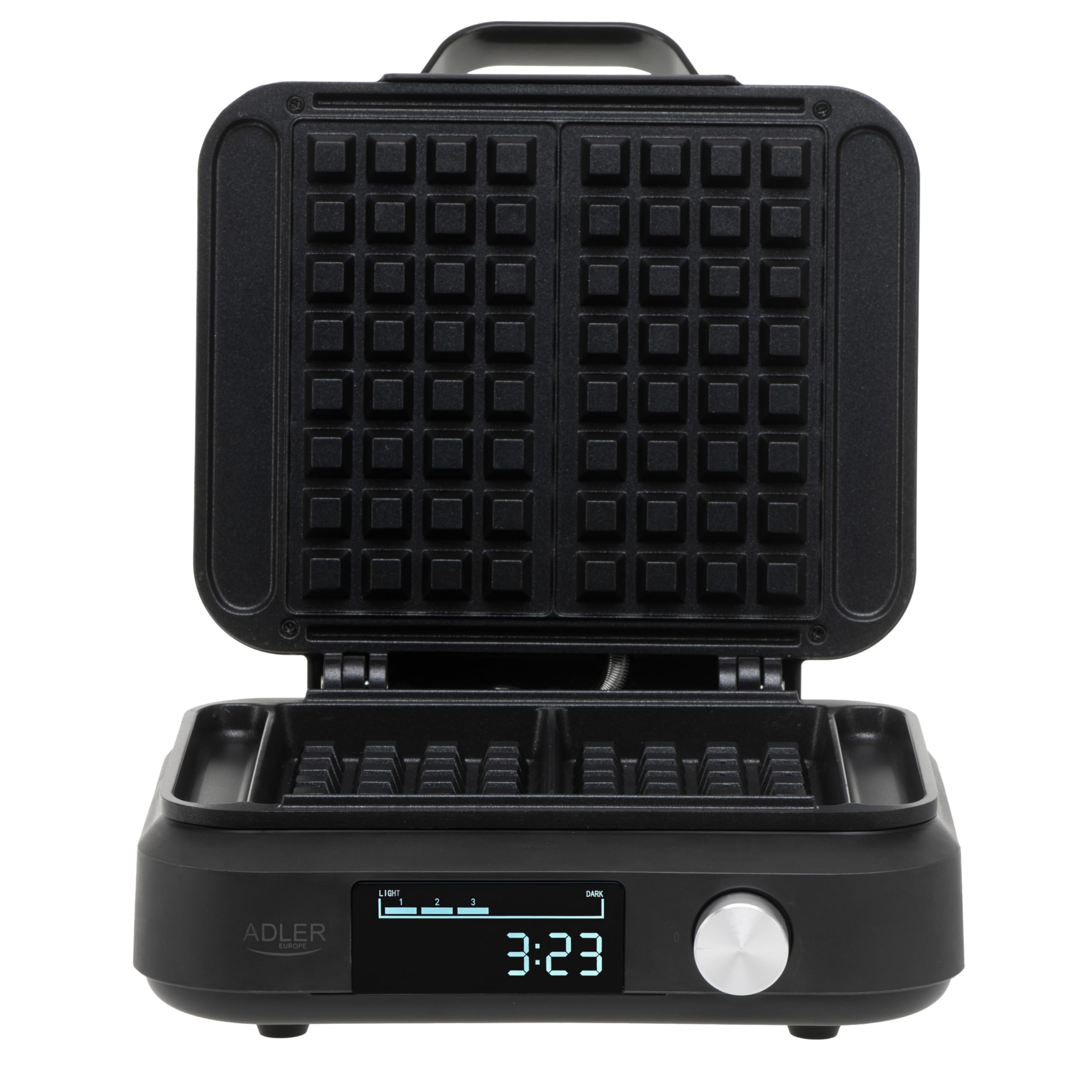 ADLER EUROPE Smart Waffeleisen 1500 Watt, Knusprige Belgische Waffeln, LED Display, 6 Bräunungsstufen, Countdown Timer, Extra Tiefe Heizplatten, Schwarz