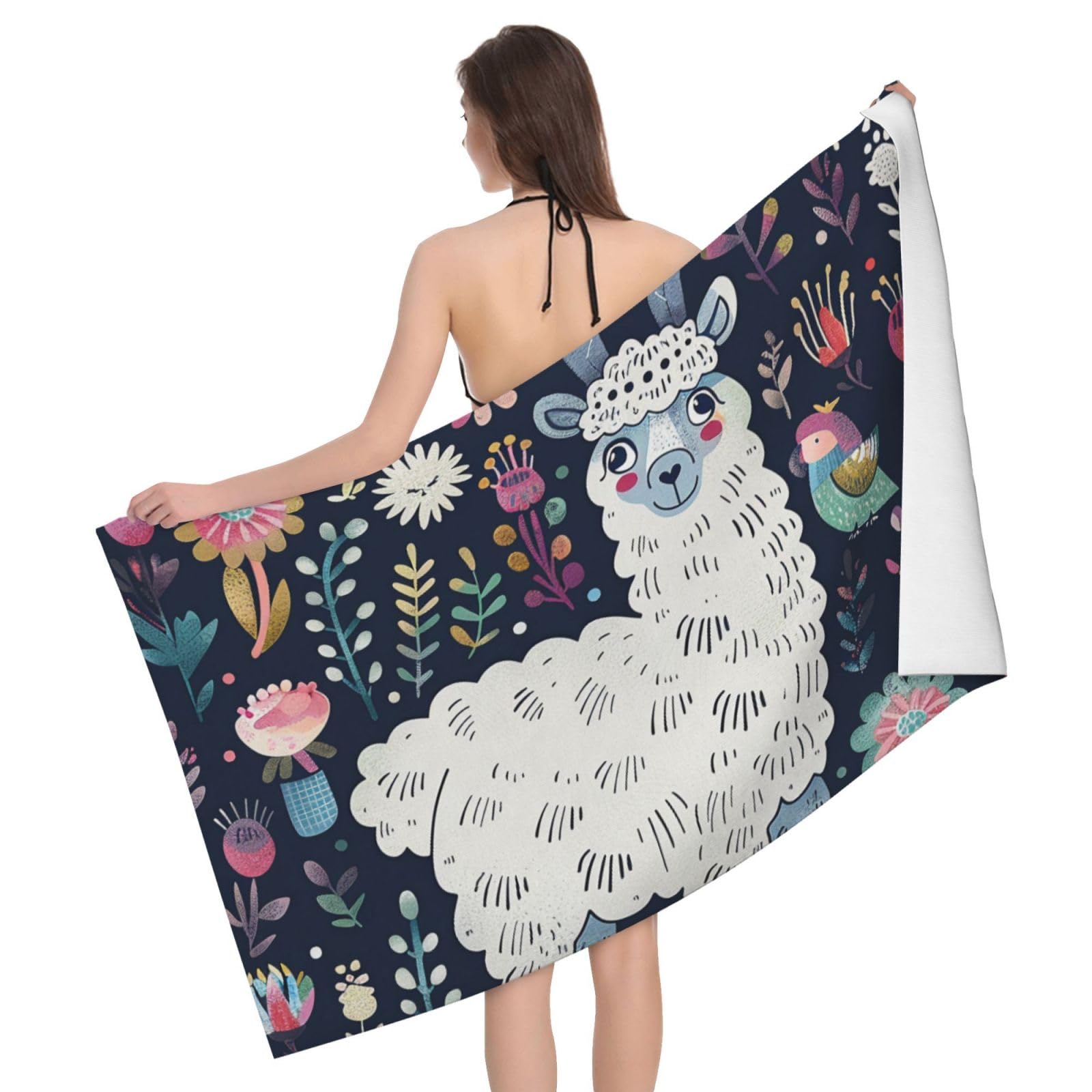 BWWHCCTI Cute Llama Floral Printed Microfiber Quick Dry Bath Towel, Soft Beach Towels for Travel,Camping,Gym,Beach,Swimming,Yoga, 130x80 CM