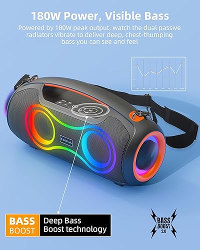 Miniatura 4 de Altavoz Bluetooth portátil inalámbrico, 180 W máximo, altavoces impermeables, caja de aumento de graves para fiestas y exteriores, con 2 subwoofers