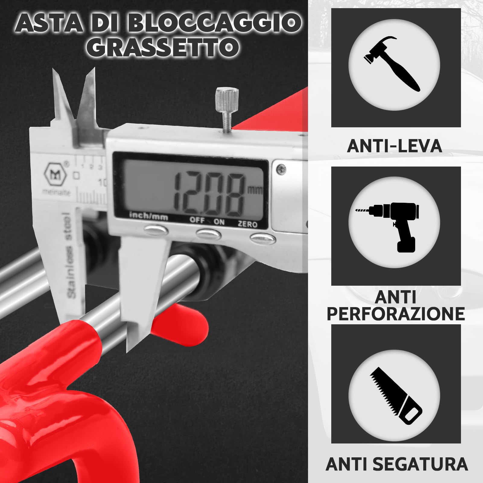 Tevlaphee Blocca Sterzo Automobile, Bloccasterzo Auto, Alta Visibilità, 3 Chiavi (Rosso)