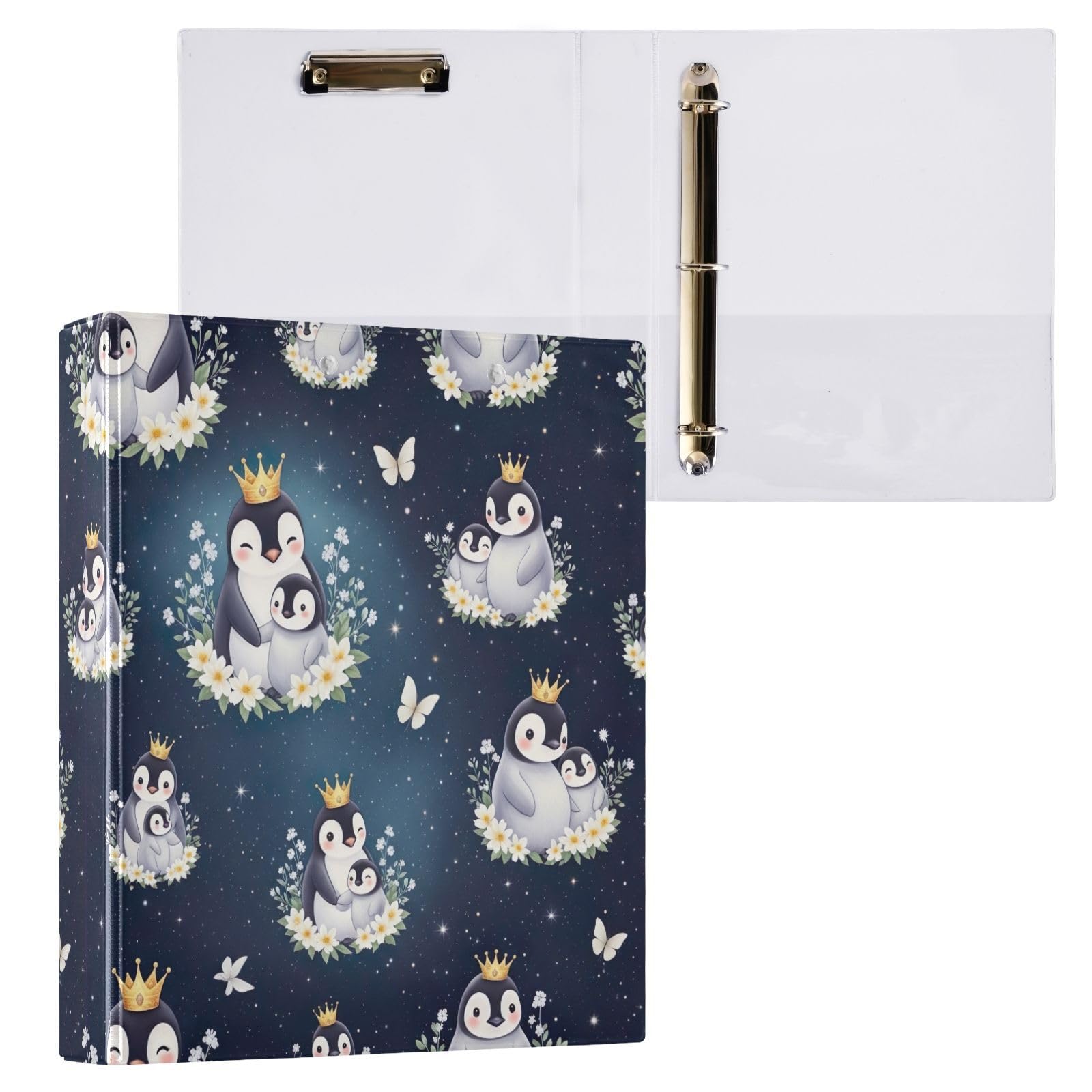 Lot de 2 classeurs à 3 anneaux en forme de pingouins mignons bleu foncé avec porte-bloc pour l'école, l'université, le bureau