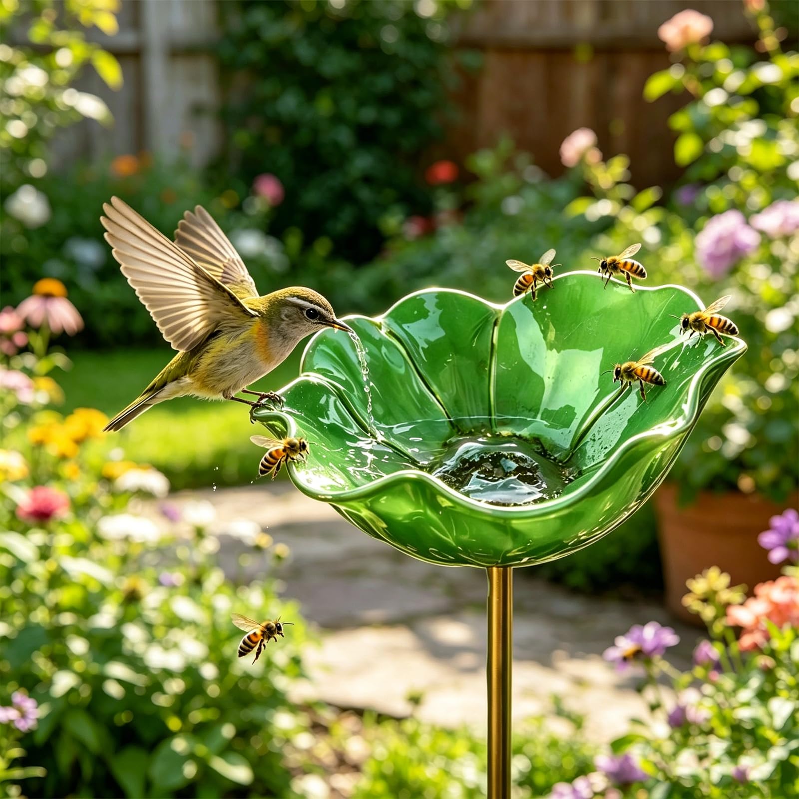 Handmade Metal Flower Garden Stake Bird Bath, Butterfly Bee Water Feeder with Flower Design, Decorative Garden Flowers Bird Bath for Yard, Lawn & Patio Decor (Green)