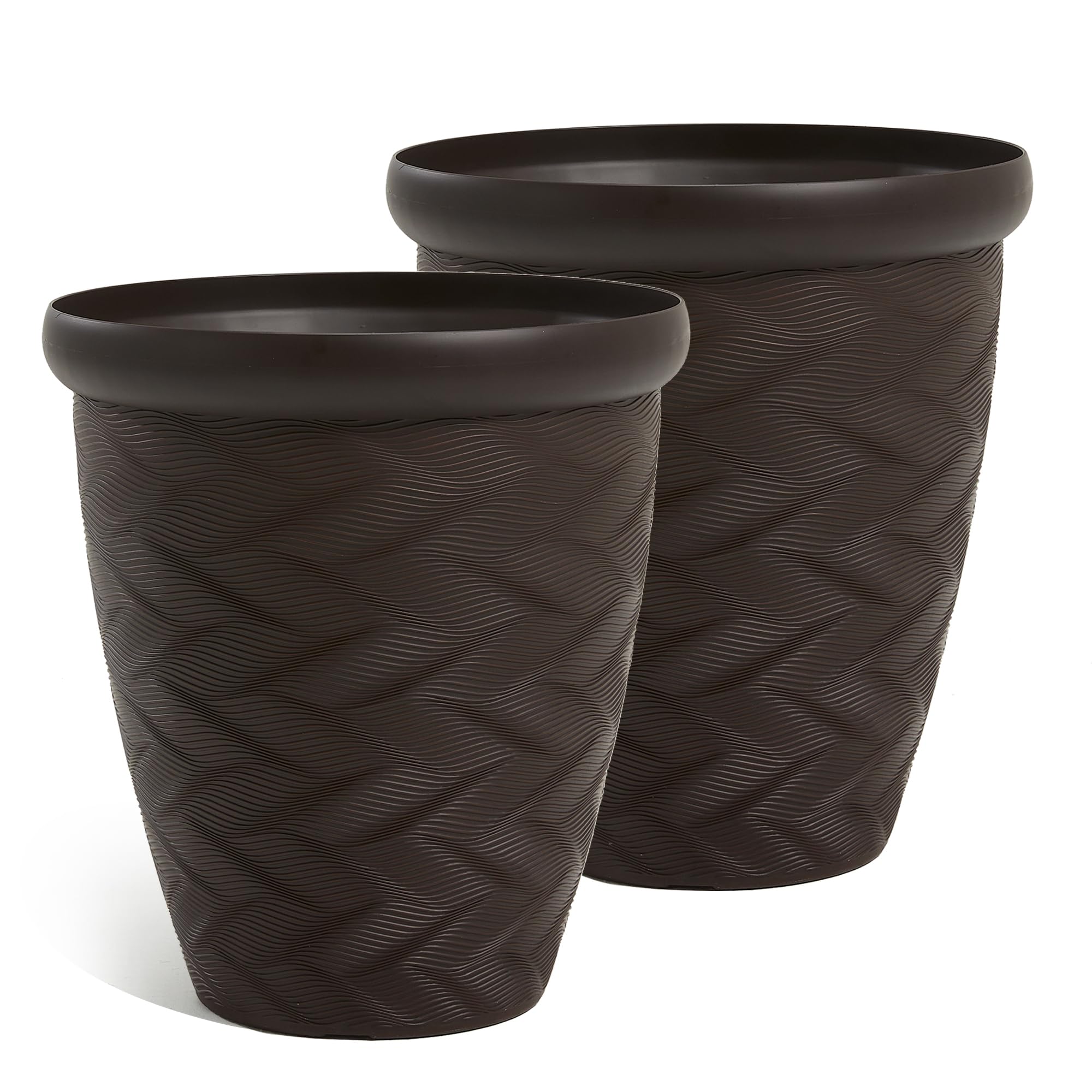 Worth Garden 2-Pack 16" Large Round Planter - Weave Pattern Lightweight Plastic Plant Pot 16" x 17.5" for Indoor Outdoor Use - Decorative Containers for Front Porch Home Yard Deck Patio - Dark Brown