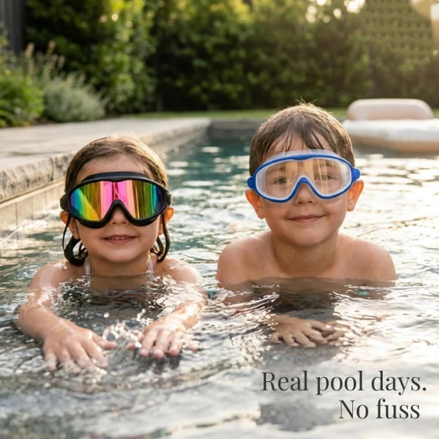 Splashy Eyes Goggles Kids, With Nose Clip + Earbuds, HD Anti-Fog Lenses Swimming Goggles, Snap-Back Strap, For Pool Days