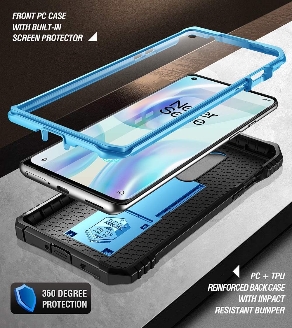 Poetic Revolution Phone Case for Oneplus 8 Case, [Not Compatible with Verizon Version] Full-Body Rugged Dual-Layer Shockproof Protective Cover with Kickstand and Built-in-Screen Protector, Blue