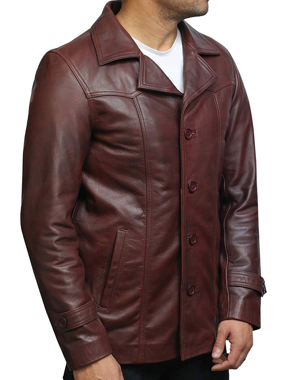 BRANDSLOCK Herren Echt Rindsleder Lederjacke Trenchcoat Safarimantel Gewaschen