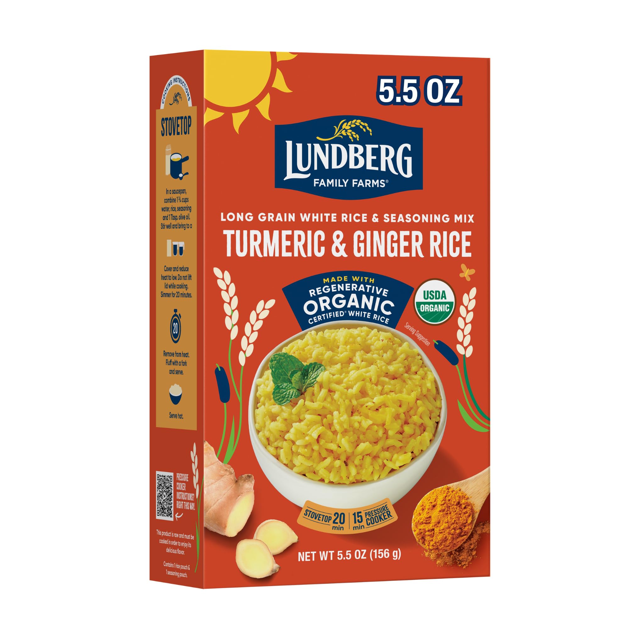 Lundberg Organic Turmeric & Ginger Seasoned Rice - Regenerative Organic Certified Long Grain White Rice & Seasoning Mix, Gluten Free, 5.5oz Box