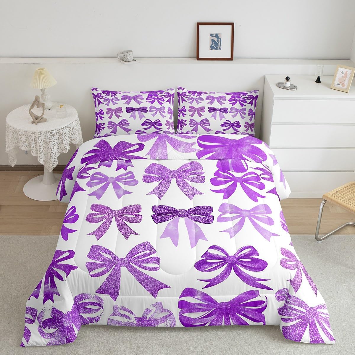 jejeloiu Cute Bowknot Duvet Quilt Kids Bow Bedding Set Toddler Size Kawaii Purple Bedding Set for Women Men Princess Room Decor Breathable Soft Lightweight Microfiber with 1 Pillow Case