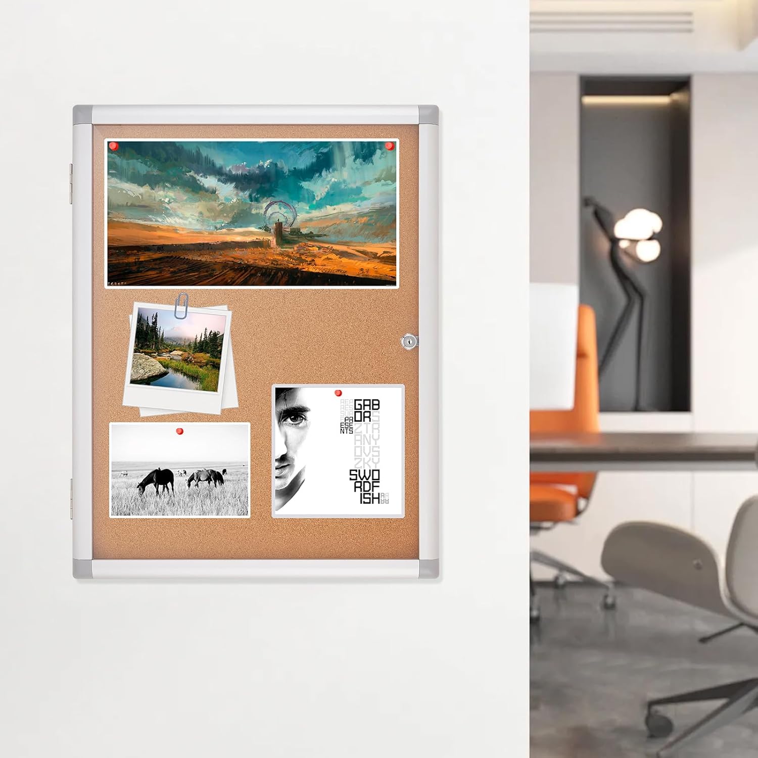 Enclosed Bulletin Board Outdoor 26"x20", Aluminium Frame Weatherproof Bulletin Board with Locking Door, Tamper-Proof Display Case Lockable Corkboard for Home, School, Office, Store