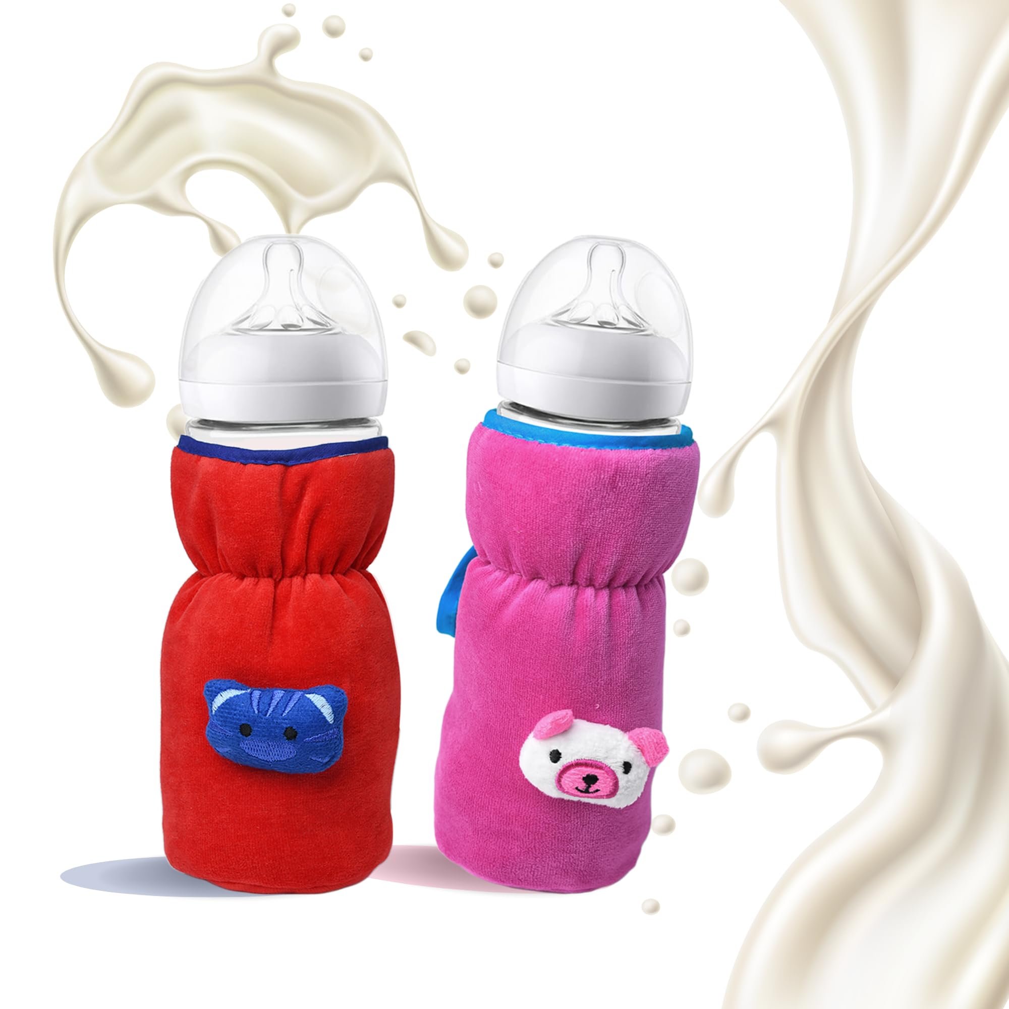 THE LITTLE LOOKERS Bottle Cover for Philips Avent/Wide Neck Feeders Soft Plush Stretchable Baby Feeding Bottle Cover with Easy to Hold Strap (Red & Pink, Wide Neck 240-330ml/8-11OZ)
