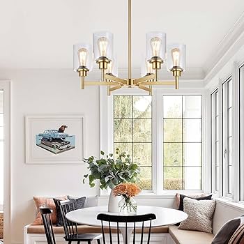 間接照明 Lynnoland Brushed Gold Chandeliers, 6 Light Farmhouse Chandelier