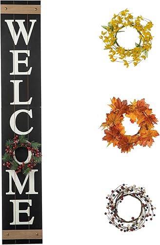 Glitzhome Letrero de bienvenida de madera para puerta delantera, estilo rústico, rústico, para colgar de pie, porche al aire libre con 4 coronas