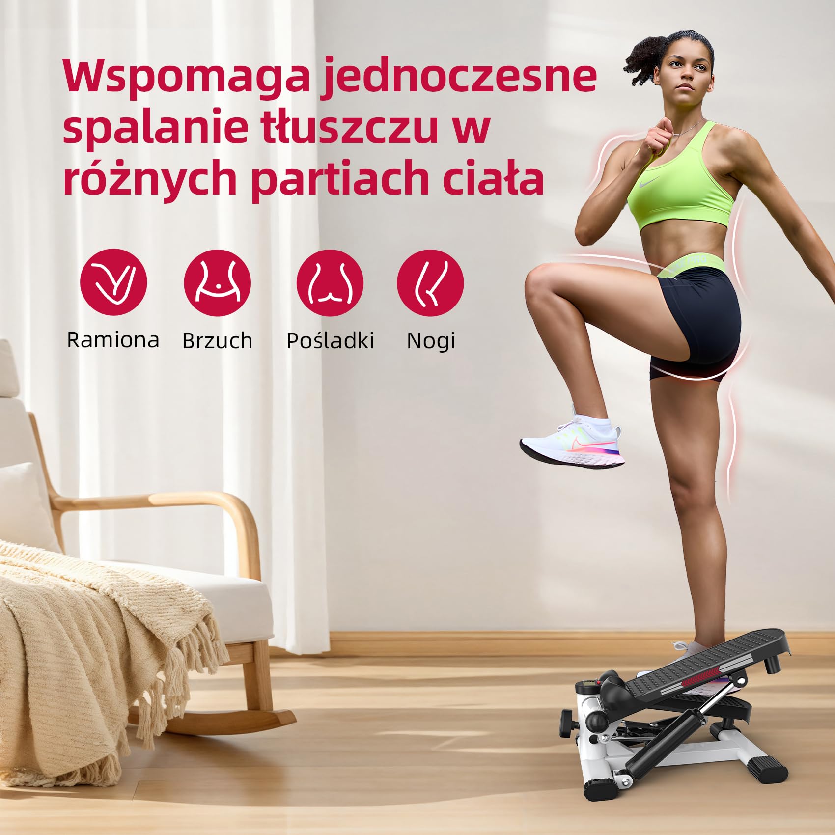 ST1 Mini Stepper do domu, 2 w 1: stepper góra–dół z linkami oporowymi, wyświetlacz LCD, regulowany opór, trening nóg i rąk, cichy i kompaktowy, maksymalne obciążenie 100 kg.