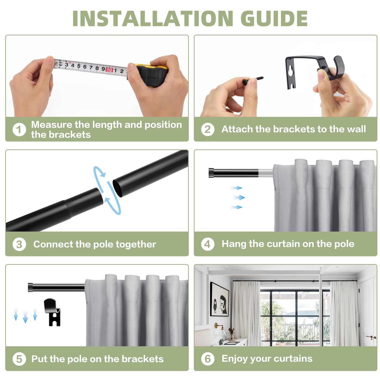WISYOK Curtain Poles 45 to 224cm, Adjustable Black Curtain Rods with Brackets Fitting Set - Image 3