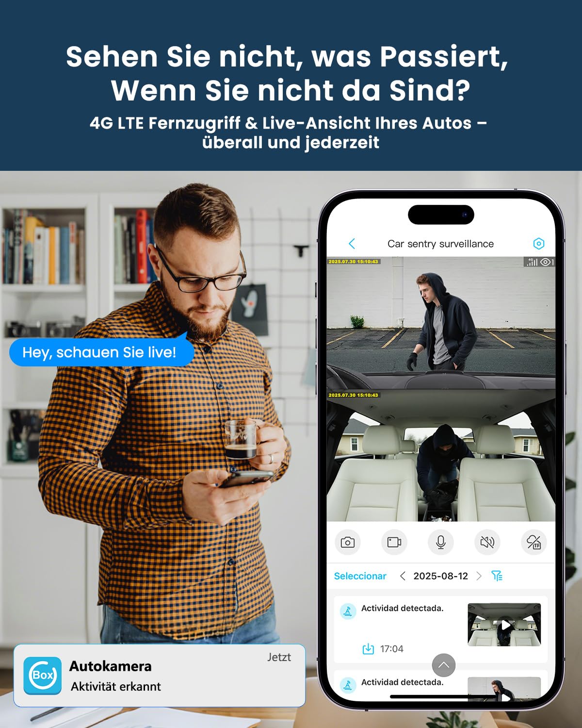 Dashcam Auto, UCOCARE 4G LTE Dual Dashcam mit Parküberwachung 24/7 mit SIM Karte, 64GB-Karte, Fern-Live-Ansicht Auto Überwachungskamera, 2-Wege Talk, Bewegungserkennung-Alarm, GPS, Cloud/SD Storage