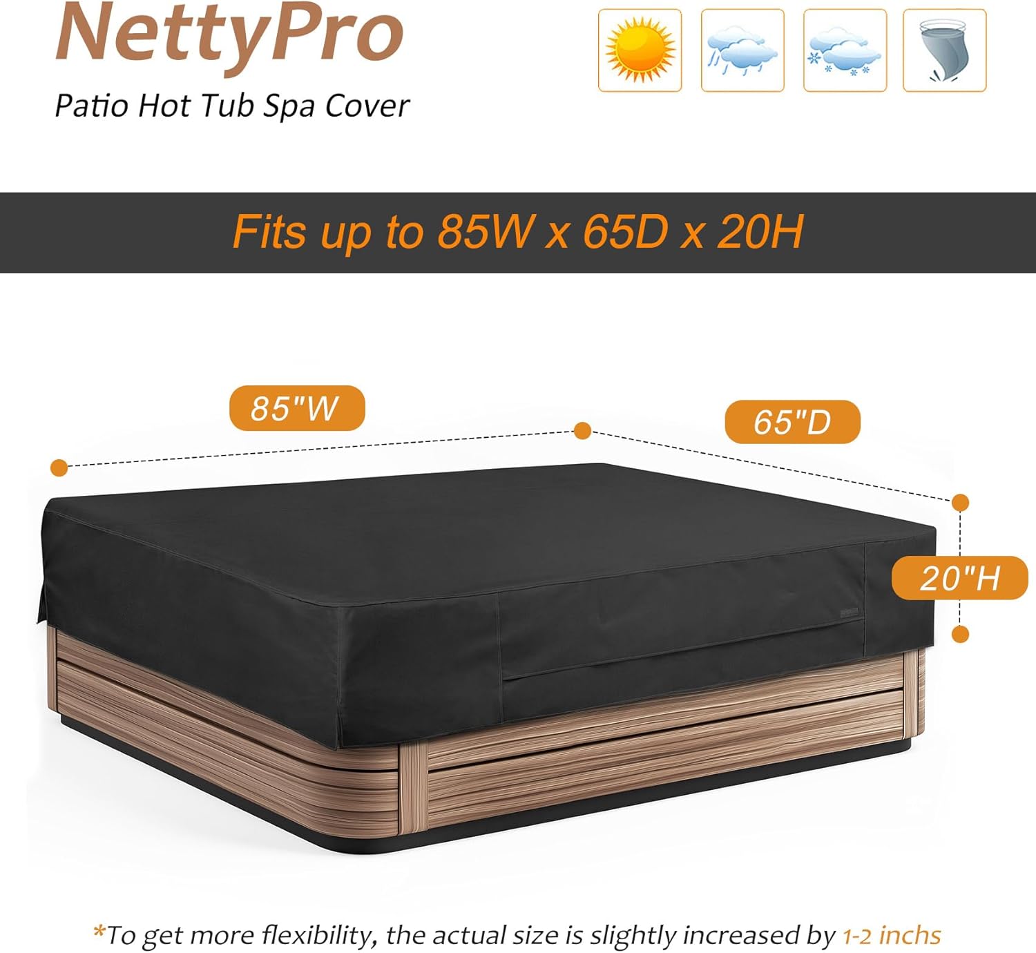 NettyPro Hot Tub Cover Protector Waterproof Outdoor SPA Cover Cap for Rectangular Hot Tub, 84 x 65 inch, Black