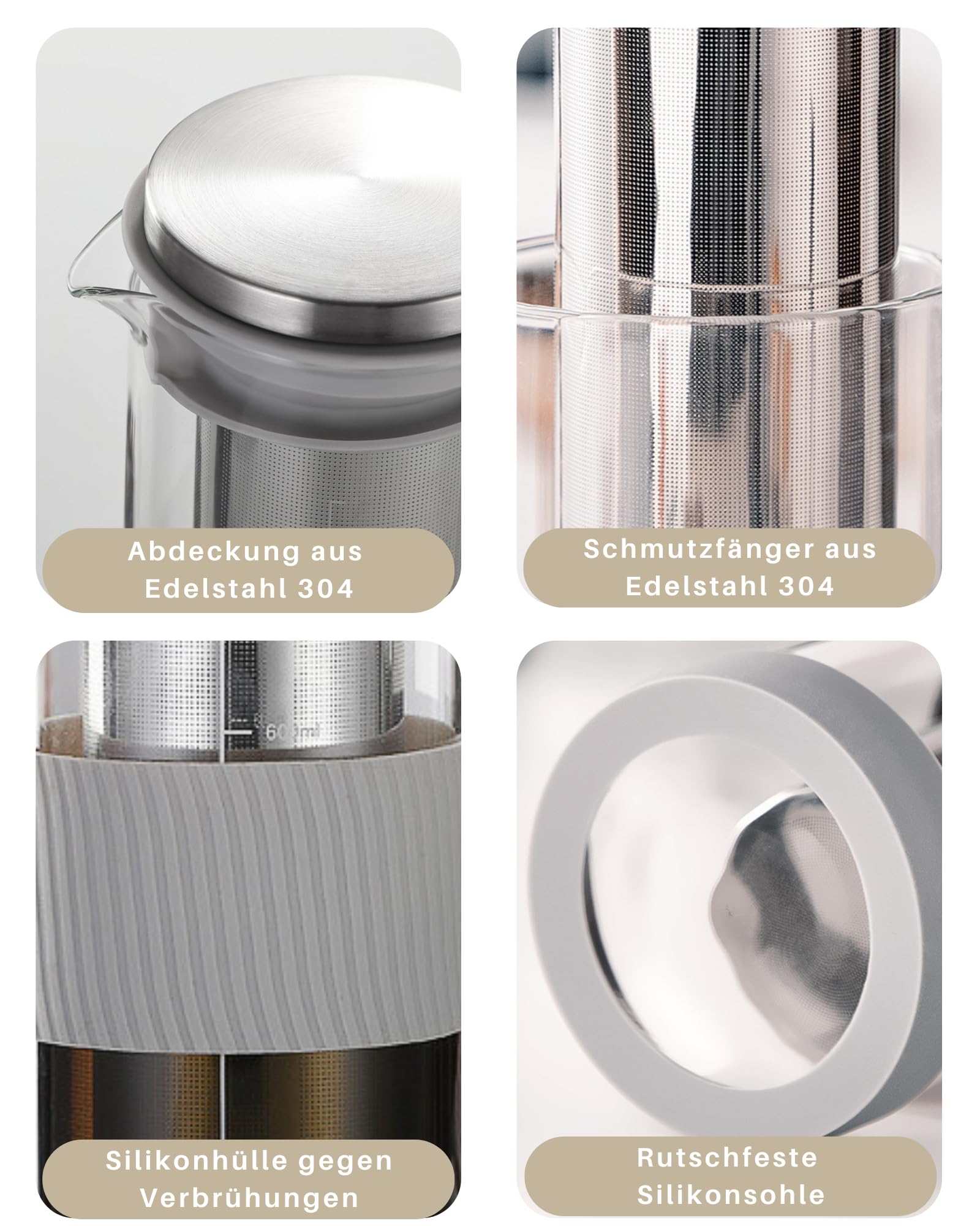 JanYoo Cafetière à piston 800 ml acier inoxydable 304 filtre silicone bec verseur café glacé